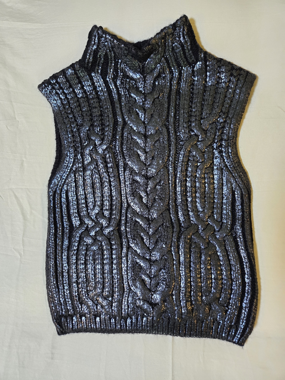 Jason Wu Navy Blue Metallic Cable-Knit Sleeveless Mock Neck Top